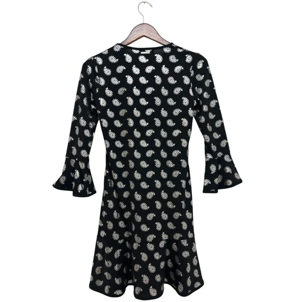 MICHAEL KORS Black/Silver Foil Paisley Flounce Shift Dress Bell Sleeves Size S